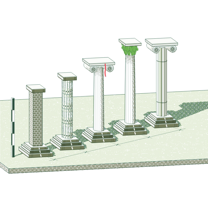 Risografie wie eine Tafel aus einem Architekturlehrbuch: fünf Säulenordnungen in einer Reihe, jede etwas höher – ein Ziegelpfeiler, eine Säule aus Ordnern, die ionische Säule mit eingerollten Plänen als Voluten, eine mit grünen Blättern als Kapitell und eine aus gebündelten Planrollen. Vorn eine Maßkette, links eine Messlatte.
